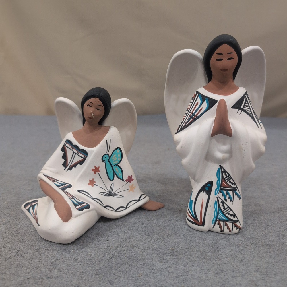 Southwestern Hand Painted Clay Angel Figurines Set of 2 Navajo Signed - Picture 1 of 10